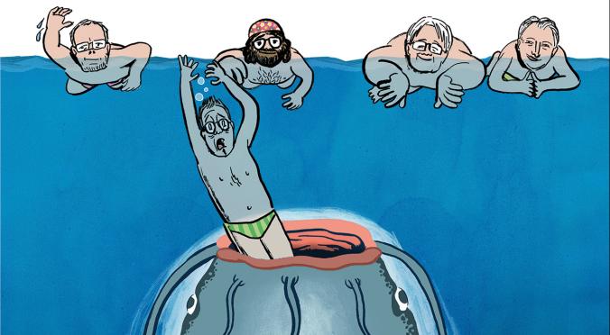 Gezeichnete Szene: Vier Männer im Wasser, einer wird von einem großen Wal verschluckt, während er mit den Armen zappelt; die anderen drei schwimmen erschrocken im Hintergrund.