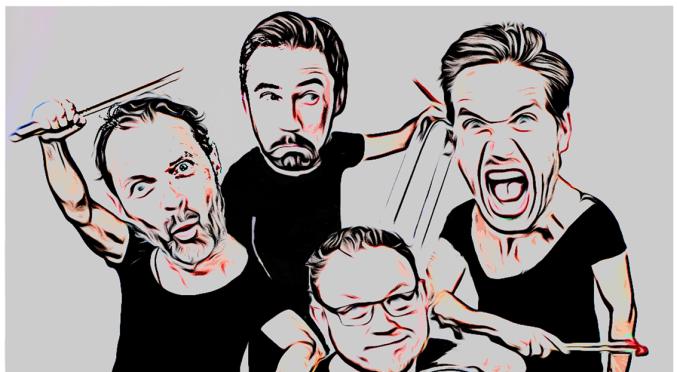 Vier karikierte Bandmitglieder in schwarzen Outfits: Einer schreit, einer hält Schlagstöcke, einer sitzt auf einem Koffer, im Hintergrund ein Xylophon und Schlagzeug.