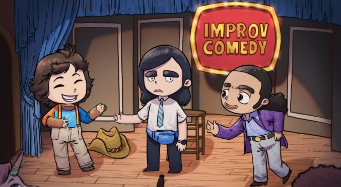 Drei Comic-Figuren auf einer Bühne mit dem Schild 'Improv Comedy': Eine Person mit Trägern und Hut, eine mit Krawatte und Bauchtasche, eine mit lila Jacke. Publikum im Vordergrund.