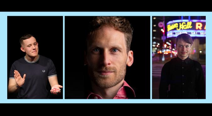 Drei Männer in Collage: Links ein Mann in dunklem T-Shirt hält eine Spielkarte, Mitte ein lächelnder Mann mit Bart im Porträt, rechts ein Mann vor nächtlicher Stadtbeleuchtung mit Leuchtreklame ‚Rave Hall‘.