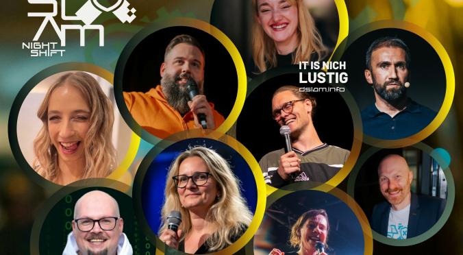 Plakat für den IT-Slam Berlin am 12.03.2026 in der ufaFabrik: Sieben lächelnde Personen in Kreisporträts, Text ‚Der IT-Slam – It is nich lustig‘ und Logo ‚Night Shift‘.