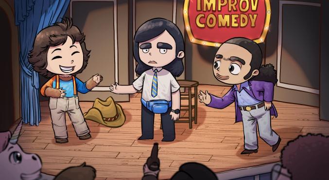 Drei Comic-Figuren auf einer Bühne mit dem Schild 'Improv Comedy': Eine Person mit Trägern und Hut, eine mit Krawatte und Bauchtasche, eine mit lila Jacke. Publikum im Vordergrund.