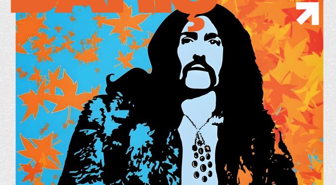 Plakat für das Baris Manço Gedenkkonzert am 1. Februar 2026: Stilisierte Illustration des Künstlers mit langem Haar, Pelzmantel und Schmuck, umgeben von bunten Herbstblättern.