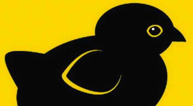 Schwarzes Küken-Symbol auf gelbem Hintergrund, das stilisiert und in einfacher Form dargestellt ist.