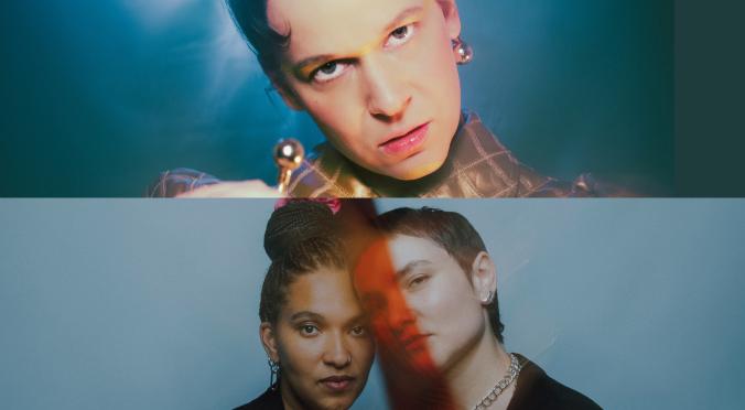 Doppelte Porträtcollage: Oben Person mit intensiven Augen und Ohrring vor blauem Hintergrund, unten zwei Personen mit ernsten Blicken, eine mit Zöpfen, vor blau-rot beleuchtetem Hintergrund.