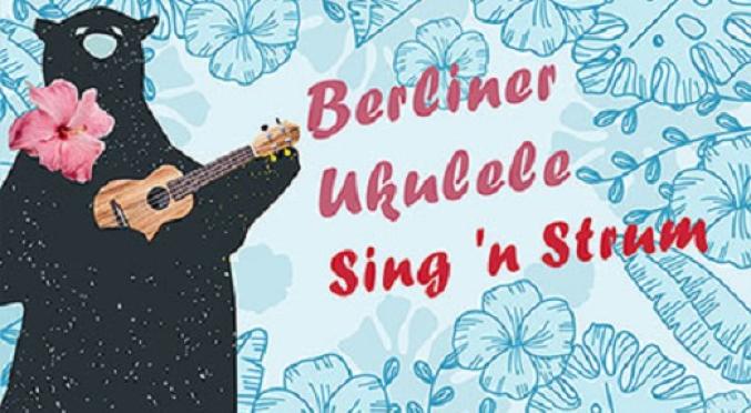 Illustration eines Bären mit Ukulele und Text: „Berliner Ukulele Sing 'n Strum“.