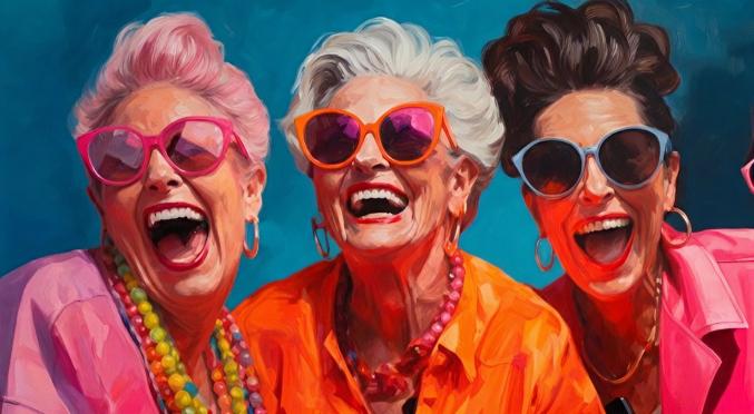 Drei lachende ältere Frauen mit Sonnenbrillen in leuchtenden Farben: Rosa, orange und pinke Haare, bunte Kleidung und Schmuck, fröhliche Gesichtsausdrücke vor blauem Hintergrund.
