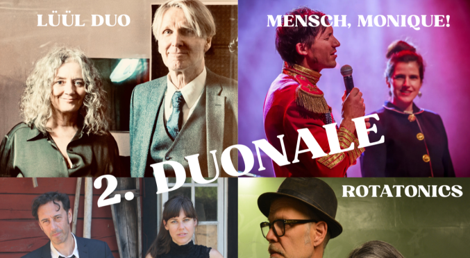 Collage mit vier Fotos von musikalischen Duos:  Oben links zwei lächelnde Personen mit lockigen und glatten Haaren; oben rechts Mann in Uniform mit Mikrofon und Frau daneben; unten links Paar in Anzug und schwarzem Kleid vor Holzhaus; unten rechts zwei Personen mit Hut und Brille.