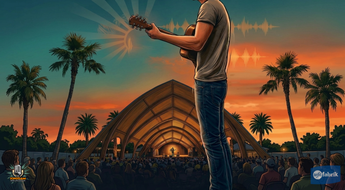 Person spielt Gitarre auf einer Open-Air-Bühne bei Sonnenuntergang, Publikum sitzt vor einer Holz-Pavillon-Bühne, Palmen im Hintergrund, warme Abendstimmung mit orangefarbenem Himmel.