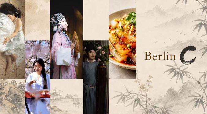 Collage: Frau im weißem Kleid am Felsen, Frau mit traditionellem Instrument unter Kirschblüten, Frau in rosafarbenem Hanfu mit Fächer, Mann mit Guzheng, asiatisches Gericht, Logo ‚Berlin C‘ mit Bambus und Bergen.