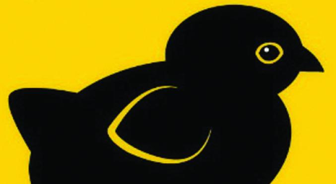 Schwarzes Küken-Symbol auf gelbem Hintergrund, das stilisiert und in einfacher Form dargestellt ist.