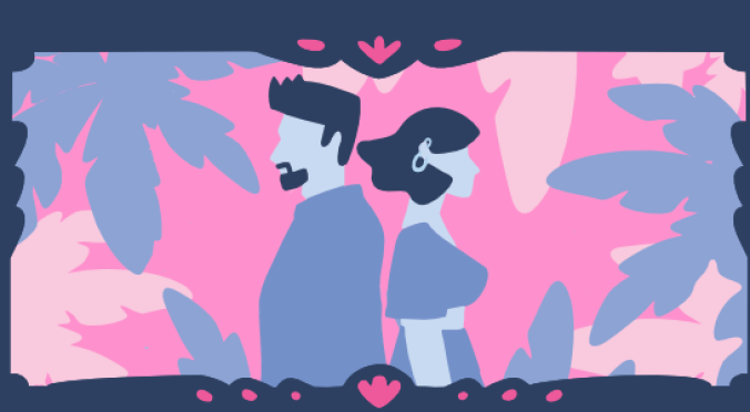 Zwei Personen in Blau vor pink-blauem Blätterhintergrund, eine hält ein Glas, Herz- und Pfeilsymbole umrahmen die Szene.