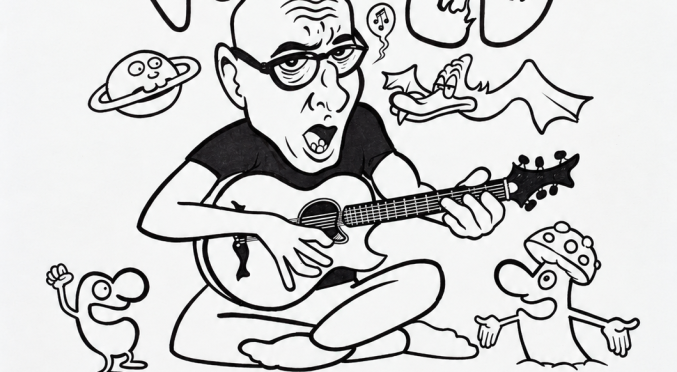 Handgezeichnete Illustration: Mann mit Brille spielt Gitarre, umgeben von Fabelwesen, Text ‚Lieder of the World‘ und Planeten.