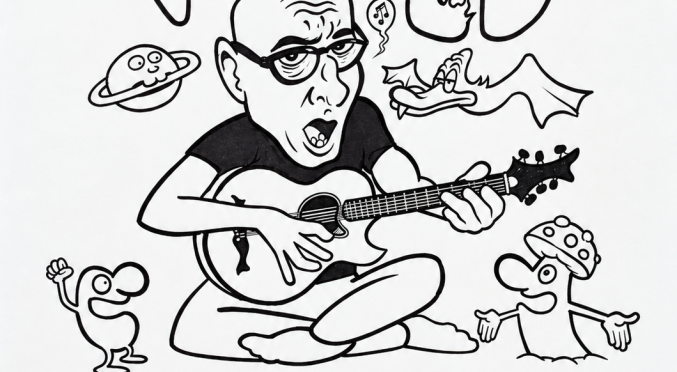 Handgezeichnete Illustration: Mann mit Brille spielt Gitarre, umgeben von Fabelwesen, Text ‚Lieder of the World‘ und Planeten.