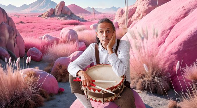 Person in blauem Hemd und Hosenträgern sitzt nachdenklich auf rosa Felsblock, mit Snaredrum und Drumsticks, in rosa Wüstenlandschaft unter blauem Himmel.