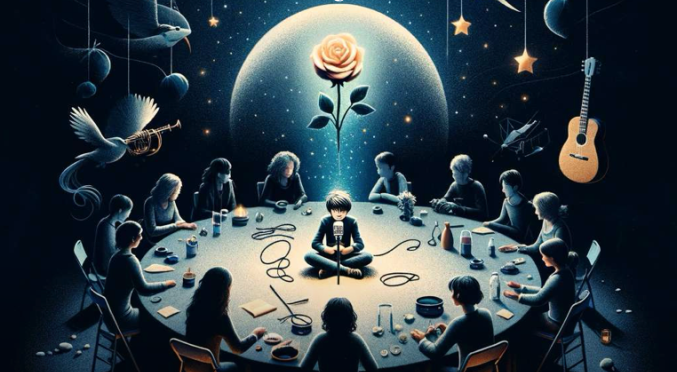 Surreales KI-Bild: Kind mit Mikrofon an gedecktem Rundtisch, darüber leuchtende Rose aus Planet, dunkler Sternenhimmel mit schwebender Gitarre und Trompete.