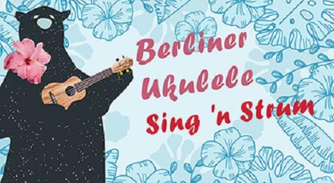 Illustration eines Bären mit Ukulele und Text: „Berliner Ukulele Sing 'n Strum“.