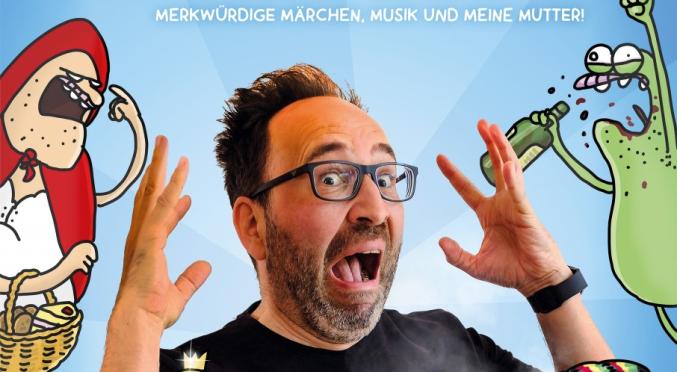 Dies ist ein Poster für "Halt die Fresse, Rapunzel!" von Piero Masztalerz. Es enthält humorvolle Zeichnungen und beschreibt das Programm als "merkwürdige Märchen, Musik und meine Mutter".