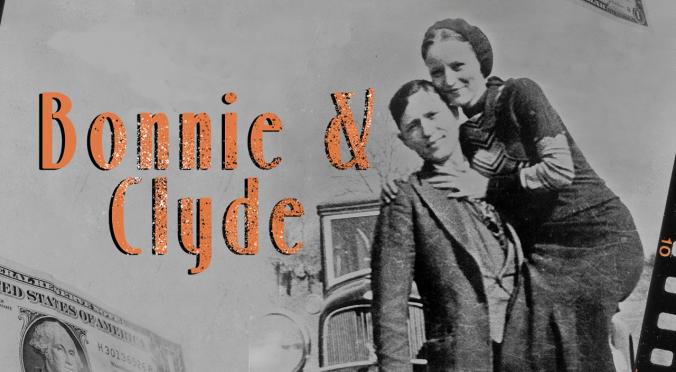  Ein altes Foto von Bonnie und Clyde mit dem Schriftzug "Bonnie & Clyde" in orangefarbener, vintage Stil-Schrift.