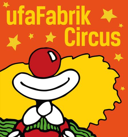 Buntes Logo des ufaFabrik Circus: Ein stilisierter Clown mit großer roter Nase, breitem Lächeln und gelber Lockenperücke vor orangenem Hintergrund mit gelben Sternen.