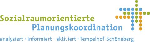 Das Logo zeigt den Text "Sozialraumorientierte Planungskoordination" in Grün und Blau. Rechts sind bunte Punkte in Form eines Sterns angeordnet. Unten stehen die Worte "analysiert • informiert • aktiviert • Tempelhof-Schöneberg". Das Design wirkt professionell und strukturiert.