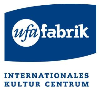 Logo des Internationalen Kulturzentrums der ufaFabrik in den Farben Weiß und Blau.