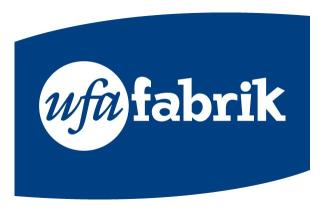 Logo der Grundstücksverwaltung der ufaFabrik. Das Design ist klar und modern, die Farben sind Weiß und Blau