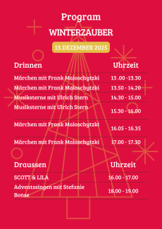 Programmheft für den Winterzauber am 13. Dezember 2025: Märchen mit Frank Maloschytzki, Musiksterne mit Ulrich Stern, Draußen Scott & Lila und Adventssingen mit Stefanie Bonse, Uhrzeiten in Tannenbaum-Design.