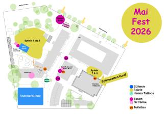 Karte des Mai-Festivals 2026: Gelber Kreis mit Titel, blaue Bühnen, gelbe Spielebereiche, pinkfarbene Essens- und Getränkestände, orange Toiletten, grüne Bäume und Wege auf grauer Grundrissfläche.