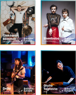 Vier Künstler-Porträts: Olexandr Seleznov (Ukraine) mit Schlagzeug, Sheebaba (Luxemburg) im Duett, Della (Zypern) mit E-Gitarre, Giulia Tagliavia (Italien) am Keyboard, jeweils mit Namen und Land.